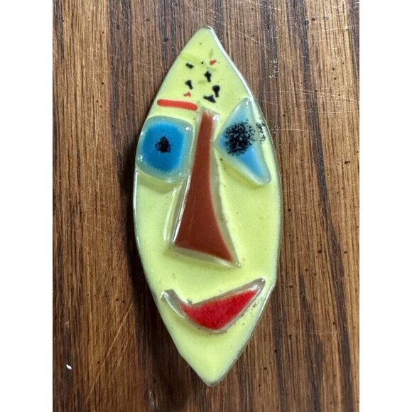 Fused Glass Yellow Multicolor Abstract Mod Face Pin Brooch‎ - Picture 1 of 2